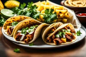three tacos with meat, cheese and pineapple on a plate. AI-Generated photo