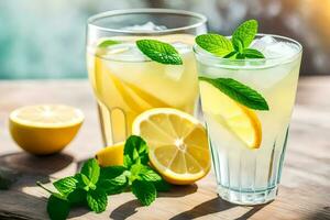 lemonade with mint leaves and lemons on a wooden table. AI-Generated photo