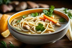 a bowl of soup with noodles and vegetables. AI-Generated photo