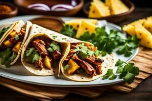 tacos with pineapple and meat on a plate. AI-Generated photo