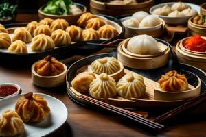 a table with many different types of dumplings. AI-Generated photo