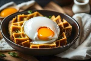eggs in waffles on a wooden table. AI-Generated photo