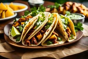 three tacos with meat and vegetables on a wooden plate. AI-Generated photo