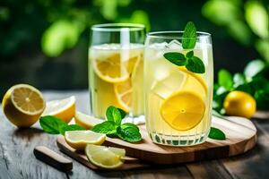 lemonade in glasses with mint leaves on a wooden table. AI-Generated photo