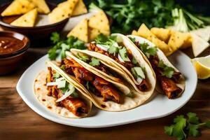 three tacos with meat and vegetables on a plate. AI-Generated photo