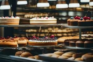 many different types of cakes are on display in a bakery. AI-Generated photo