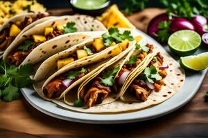 three tacos with meat, onions and cilantro on a plate. AI-Generated photo