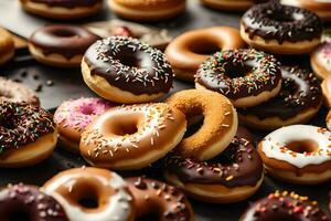 a large group of donuts with chocolate and sprinkles. AI-Generated photo