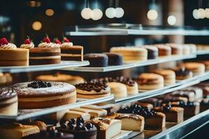 many different types of cakes are on display in a bakery. AI-Generated photo