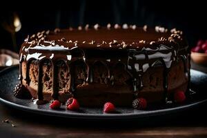 a chocolate cake with chocolate frosting and raspberries. AI-Generated photo