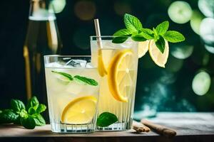 two glasses of lemonade with mint leaves and lemon slices. AI-Generated photo