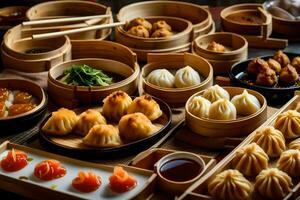 a table filled with various types of chinese food. AI-Generated photo