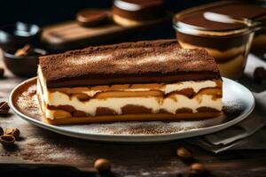 un rebanada de Tiramisu en un lámina. generado por ai foto