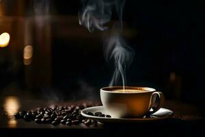 a cup of coffee is steaming on a table with coffee beans. AI-Generated photo