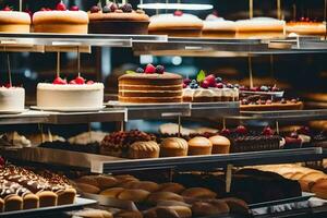 many different types of cakes are on display in a bakery. AI-Generated photo