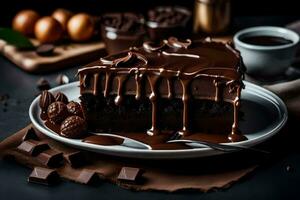 chocolate cake with chocolate sauce and nuts on a plate. AI-Generated photo
