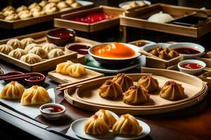 a table with many different types of dumplings. AI-Generated photo