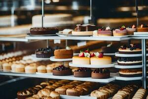 many different types of cakes are on display in a bakery. AI-Generated photo