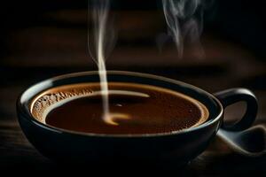 un taza de café en un oscuro antecedentes. generado por ai foto