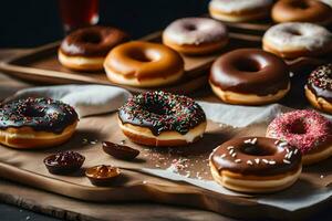 un variedad de rosquillas en un mesa. generado por ai foto