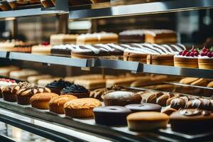 many different types of pastries are on display in a bakery. AI-Generated photo