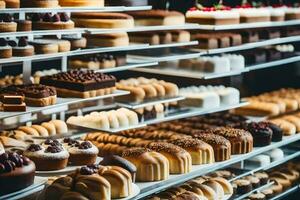 many different types of pastries are on display in a bakery. AI-Generated photo