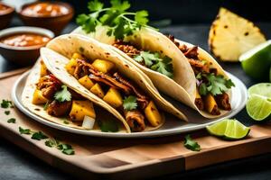 three tacos with chicken, pineapple and cilantro. AI-Generated photo