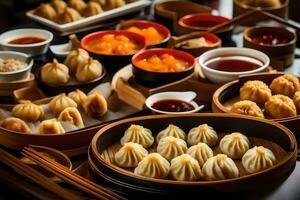 a table with many different types of dumplings. AI-Generated photo