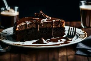 un rebanada de chocolate pastel en un plato con un tenedor. generado por ai foto