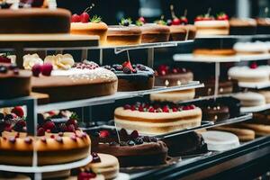 a display of cakes in a bakery. AI-Generated photo