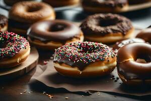 un grupo de rosquillas con chocolate y asperja. generado por ai foto