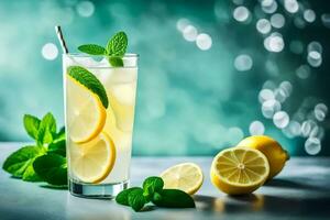 lemonade with mint leaves and lemons on a table. AI-Generated photo