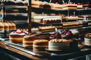 many different types of cakes are on display in a bakery. AI-Generated photo