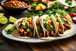 three tacos with meat, cheese and salsa on a plate. AI-Generated photo