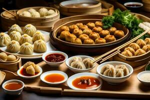 a table with many different types of dumplings. AI-Generated photo