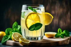 lemonade in a glass with mint leaves and lemons. AI-Generated photo