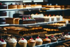 many different types of cakes are on display in a bakery. AI-Generated photo