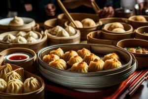 a table with many different types of dumplings. AI-Generated photo