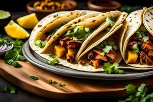 three tacos with meat and vegetables on a plate. AI-Generated photo