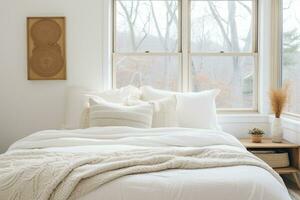 Earthy Minimalism Bright Bedroom with White Bed Adorned with a Beautiful Scarf, Embracing Natural Fibers. AI Generated photo