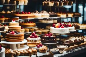 a variety of cakes and desserts on display in a bakery. AI-Generated photo