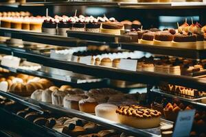 many different types of cakes are on display in a bakery. AI-Generated photo