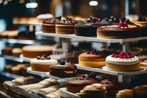 many different types of cakes are on display in a bakery. AI-Generated photo