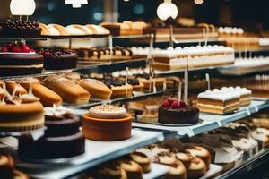 many different types of cakes are on display in a bakery. AI-Generated photo