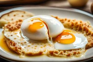 two eggs are on a plate with bread. AI-Generated photo