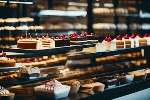 many different types of cakes are on display in a bakery. AI-Generated photo