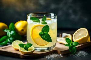 lemonade with mint leaves and slices on a wooden board. AI-Generated photo