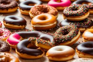 a bunch of donuts with different colors and sprinkles. AI-Generated photo