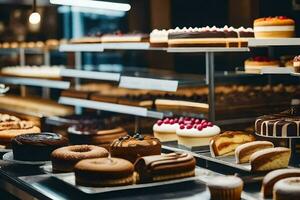 many different types of cakes are on display in a bakery. AI-Generated photo