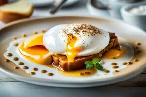 eggs on toast with a poached egg. AI-Generated photo
